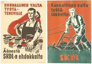 SKDL:n vaalimainoksissa kuvattiin usein työläisiä. Kuvassa kaupunki- ja maaseututyöväestölle suunnatut kunnallisvaalimainokset 1940-luvulta.